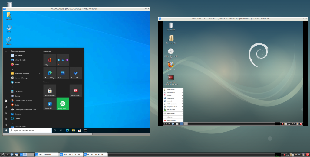 Illustration : Les bureaux des hôtes clients (Windows et Debian) pris en main depuis le serveur avec VNC Viewer.